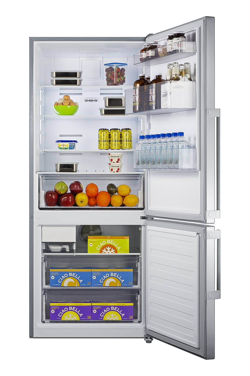 Frost-free ENERGY STAR certified bottom freezer refrigerator with icemaker in stainless steel